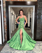 Green Spaghetti Straps Applique Mermaid Backless Side Slit Floor-Length Prom Dress