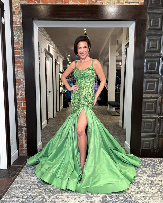 Green Spaghetti Straps Applique Mermaid Backless Side Slit Floor-Length Prom Dress
