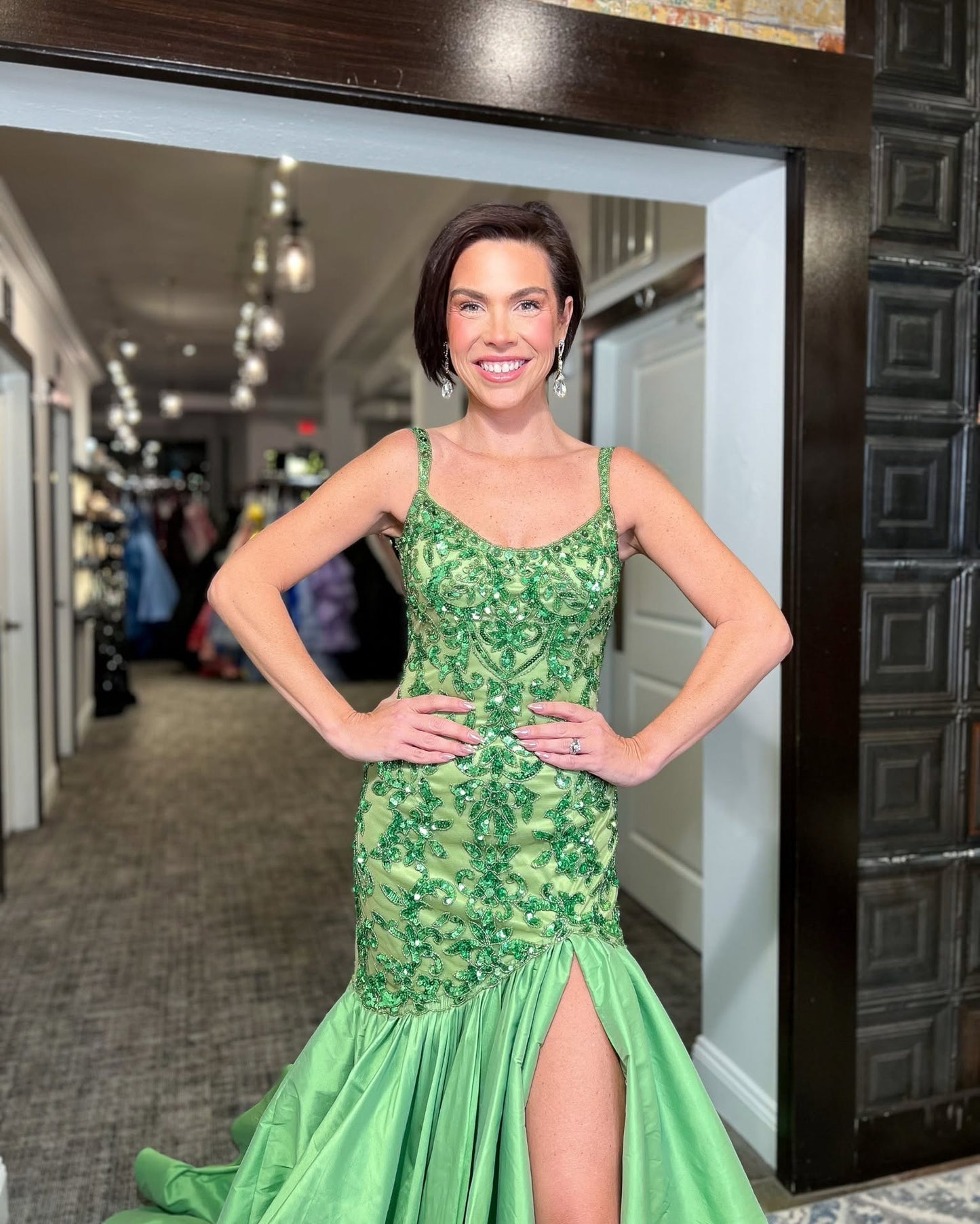 Green Spaghetti Straps Applique Mermaid Backless Side Slit Floor-Length Prom Dress