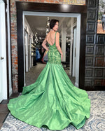 Green Spaghetti Straps Applique Mermaid Backless Side Slit Floor-Length Prom Dress