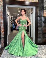 Green Spaghetti Straps Applique Mermaid Backless Side Slit Floor-Length Prom Dress