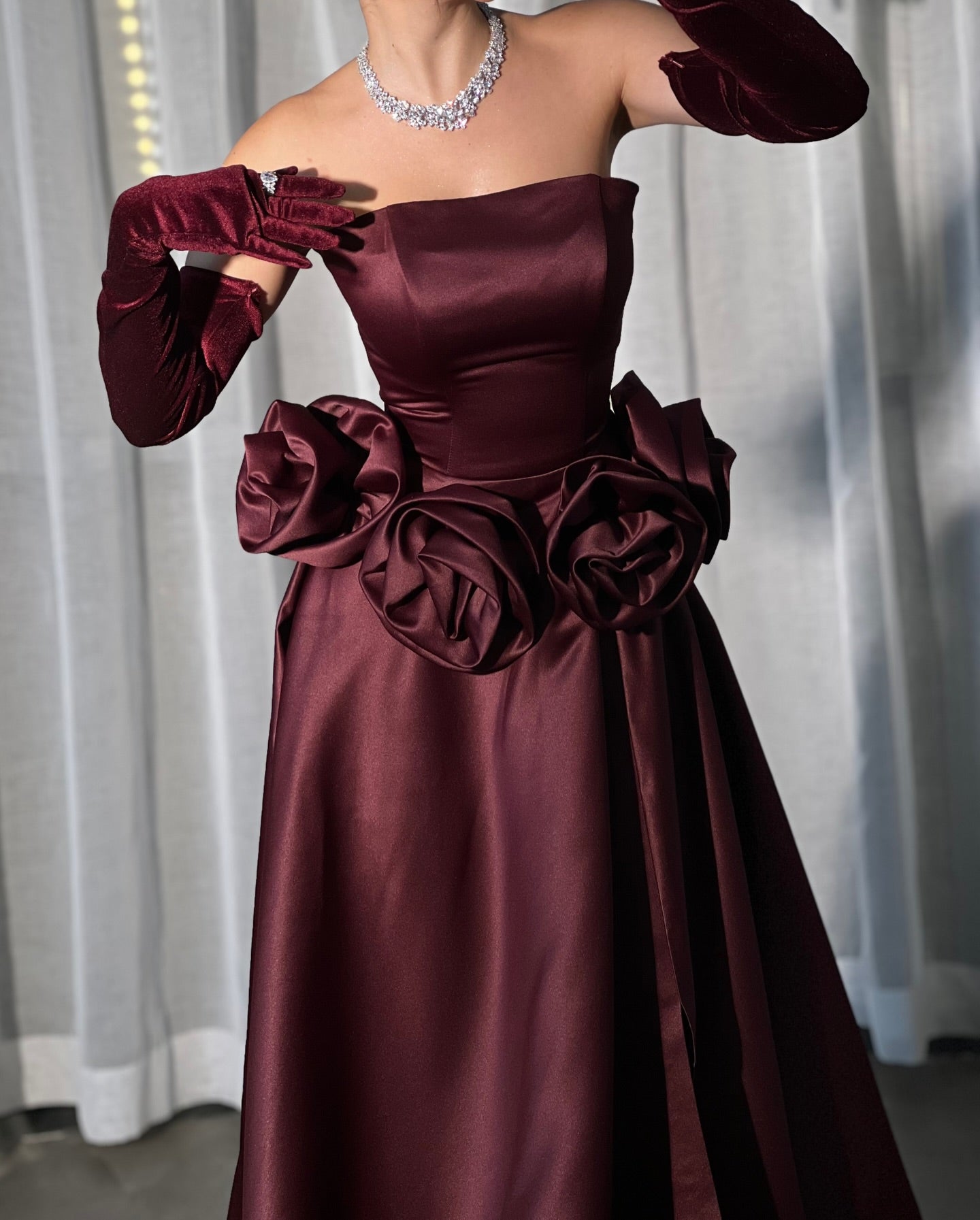 Strapless Gloves Sleeveless Flowers A-Line Side Slit Evening Dress Formal