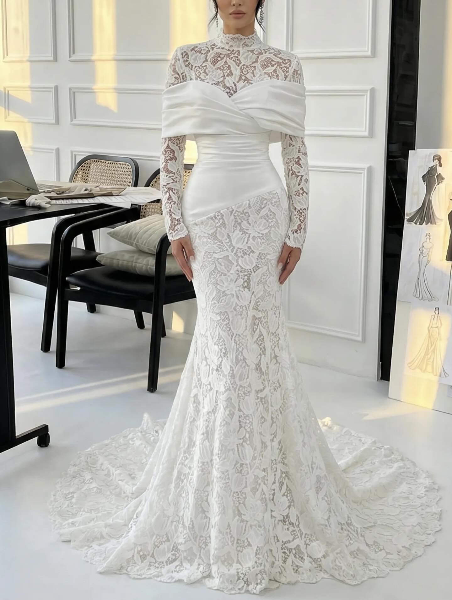 Lace High Neck Long Sleeve Mermaid Floor-Length Wedding Dress