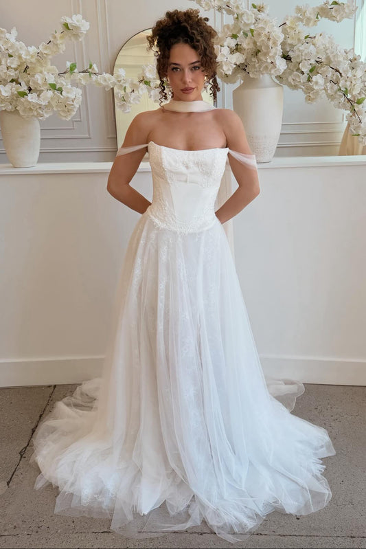 Simple Off the Shoulder Sleeveless A-Line Weddomg Dress