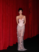 Sweetheart Pink Sleeveless Lace Sequins Flowers Mermaid Evening Dress