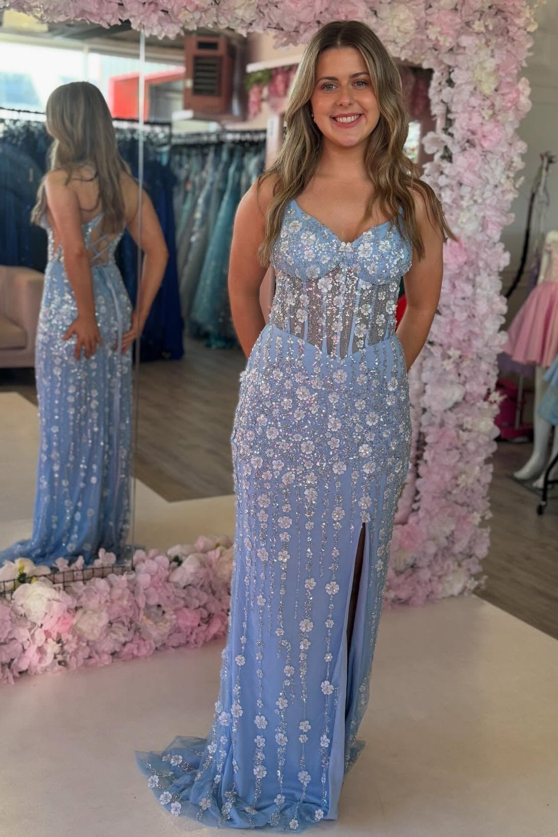 Blue Flowers Backless Sleeveless Mermaid Side Slit Prom Dress