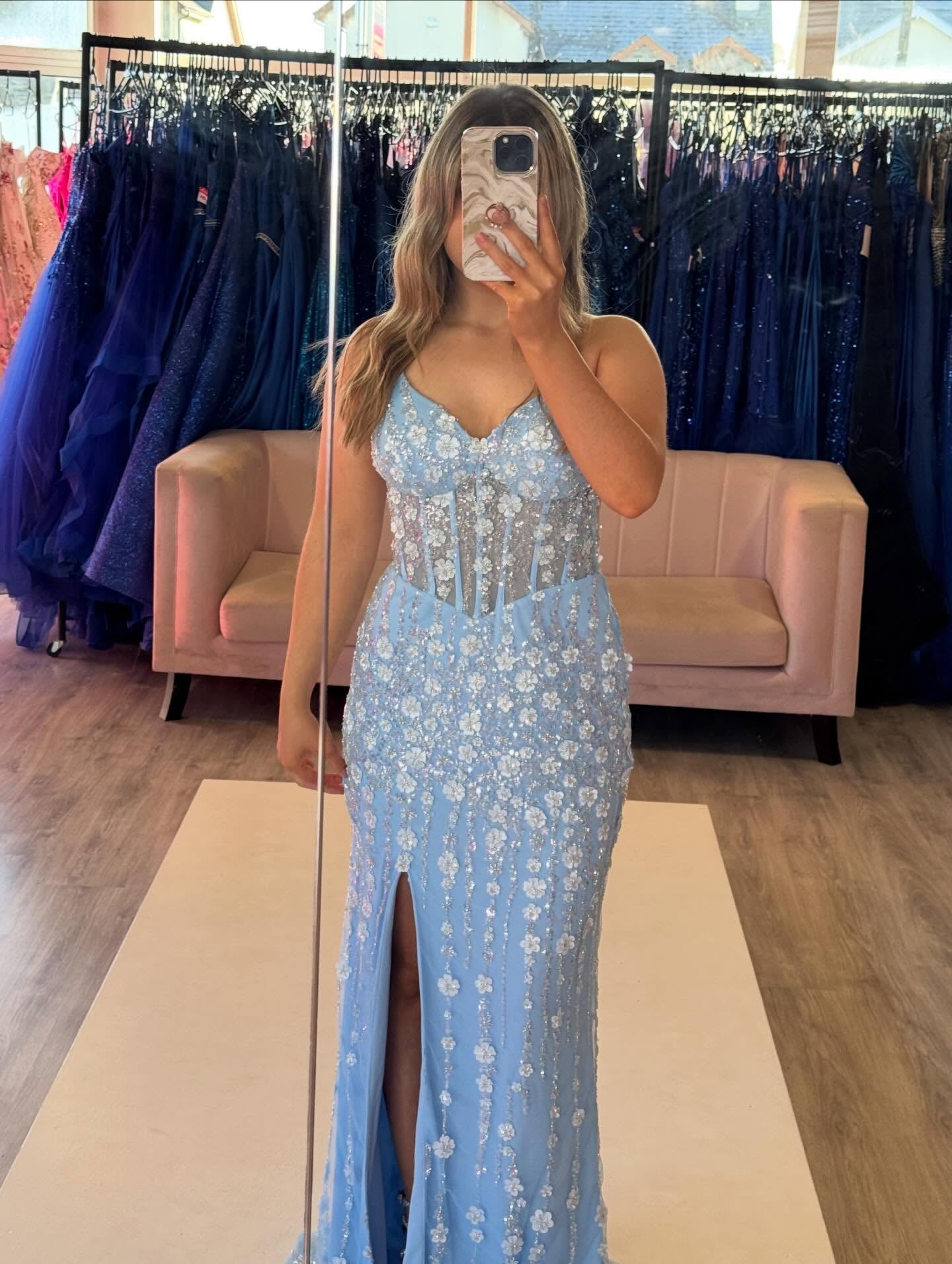 Blue Flowers Backless Sleeveless Mermaid Side Slit Prom Dress