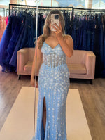Blue Flowers Backless Sleeveless Mermaid Side Slit Prom Dress