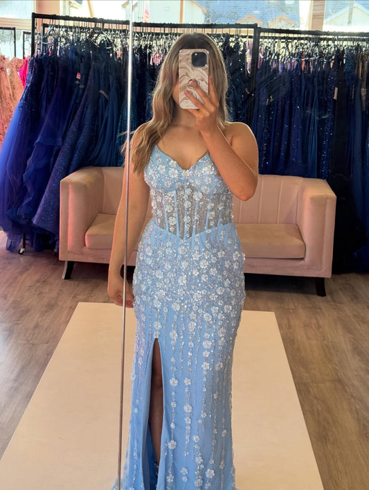 Blue Flowers Backless Sleeveless Mermaid Side Slit Prom Dress