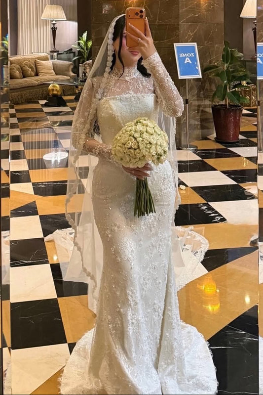 Lace High Neck Long Sleeve Mermaid Floor-Length Wedding Dress