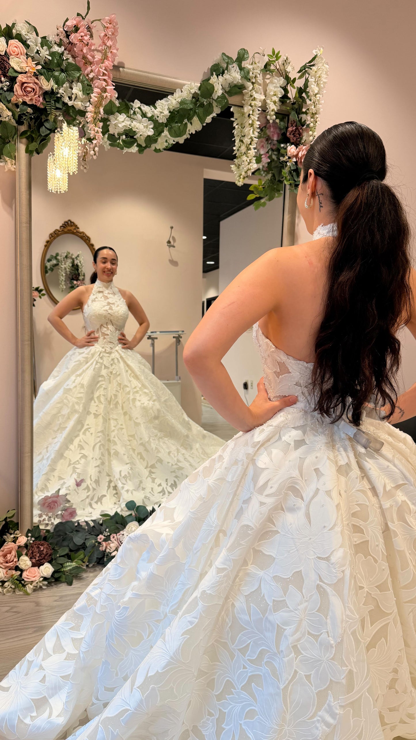 High Neck Halter Floral Illusion Ball Gown Wedding Dress
