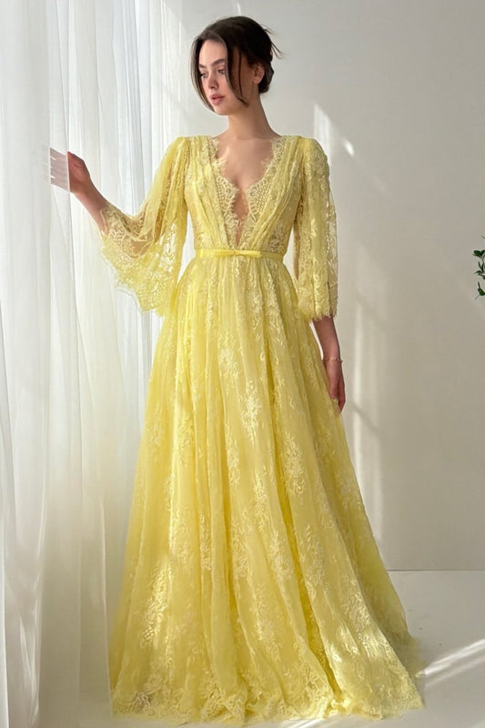 Yellow V-Neck Long Sleeveless A-Line Floor-Length Evening Dress