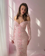 Pink Off the Shoulder Long Sleeve Sparkle Bow Mermaid Evening Dress