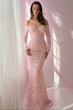 Pink Off the Shoulder Long Sleeve Sparkle Bow Mermaid Evening Dress