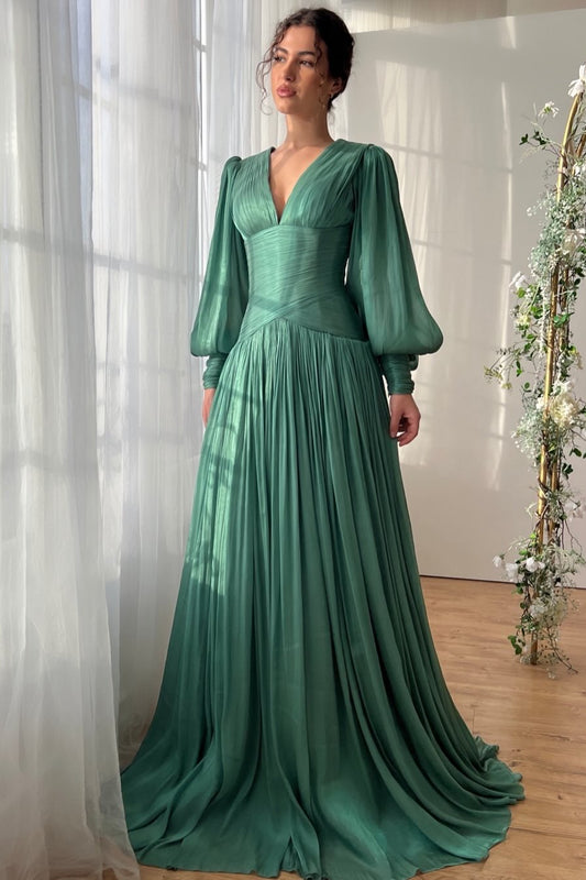 Green V-Neck Long Sleeveless A-Line Floor-Length Evening Dress