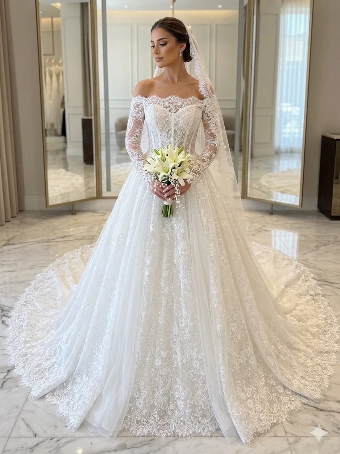 Lace A-Line Floor-Length Off the Shoulder Long Sleeve Wedding Dress