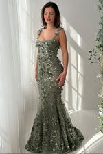Spaghetti Straps Flowers Sleeveless Flowers Mermaid Evening Dress