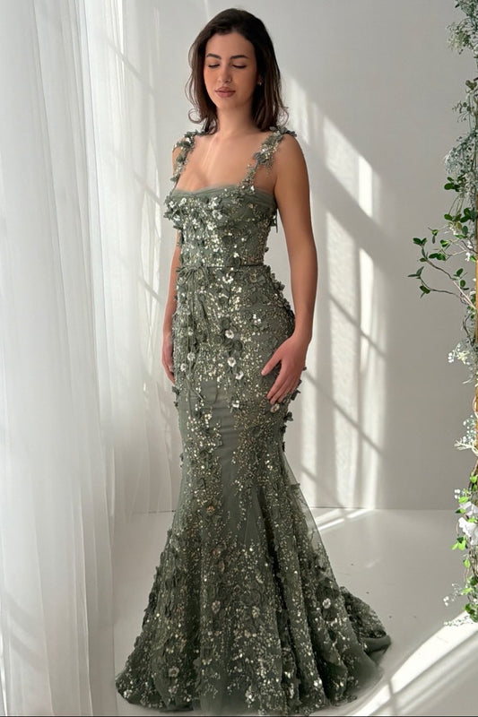 Spaghetti Straps Flowers Sleeveless Flowers Mermaid Evening Dress