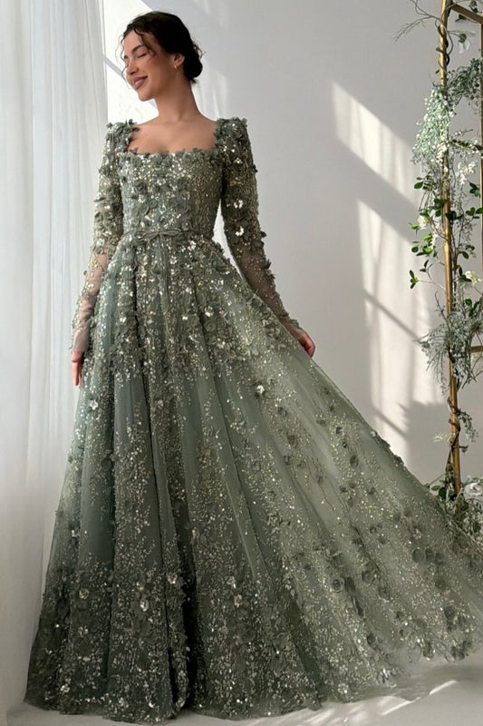 Square Neck Flowers Long Sleeve A-Line Floor-Length Evening Dress