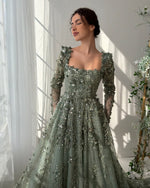 Square Neck Flowers Long Sleeve A-Line Floor-Length Evening Dress