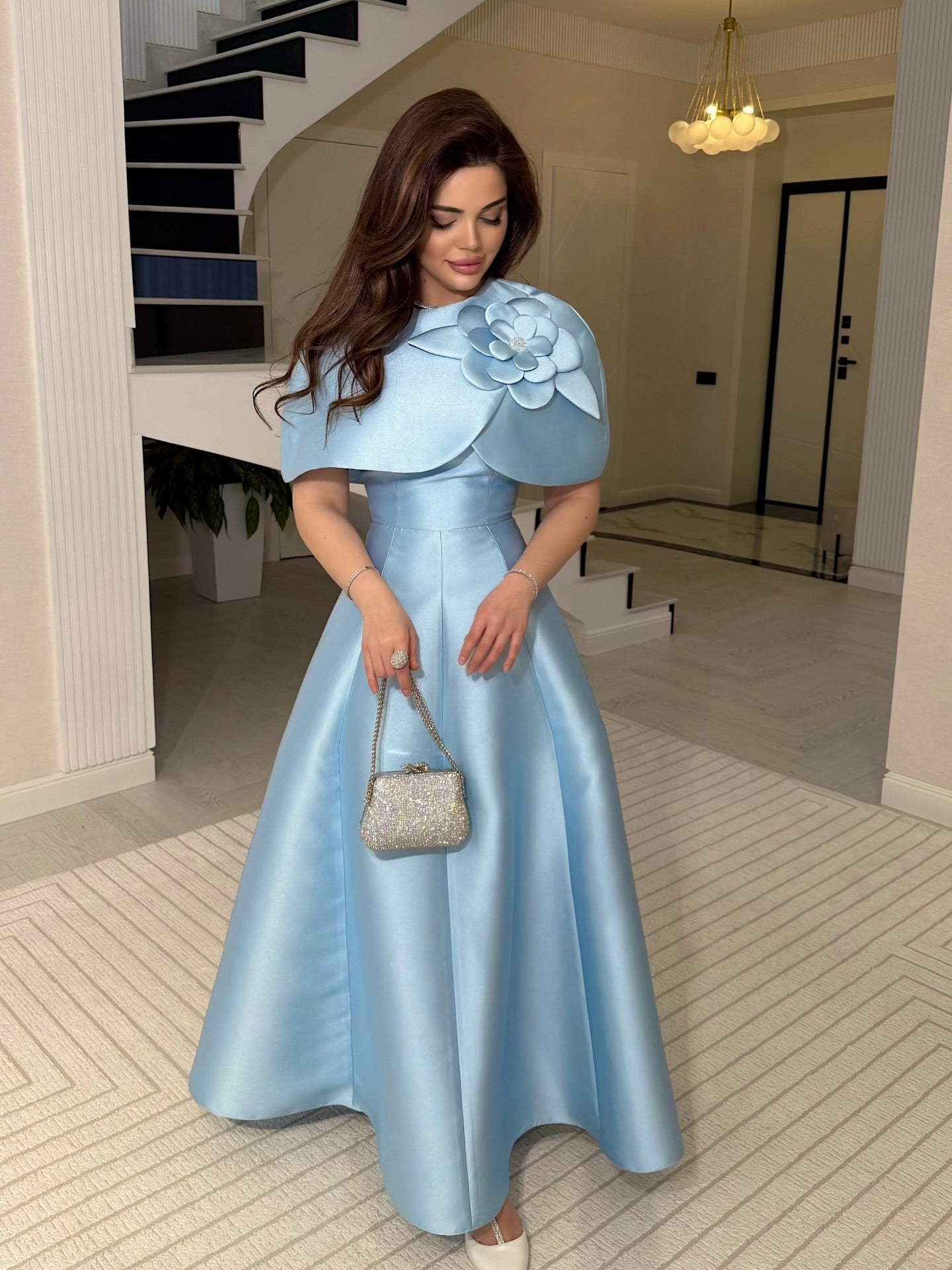Flowers Blue Shawl Sleeveless A-Line Formal Dress