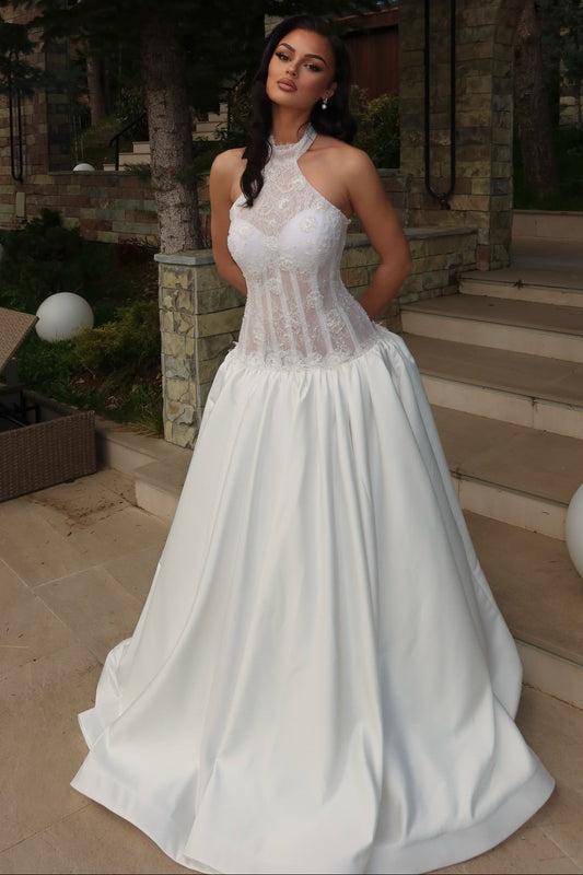Lace Halter Sleeveless Sheer Mermaid Wedding Dress