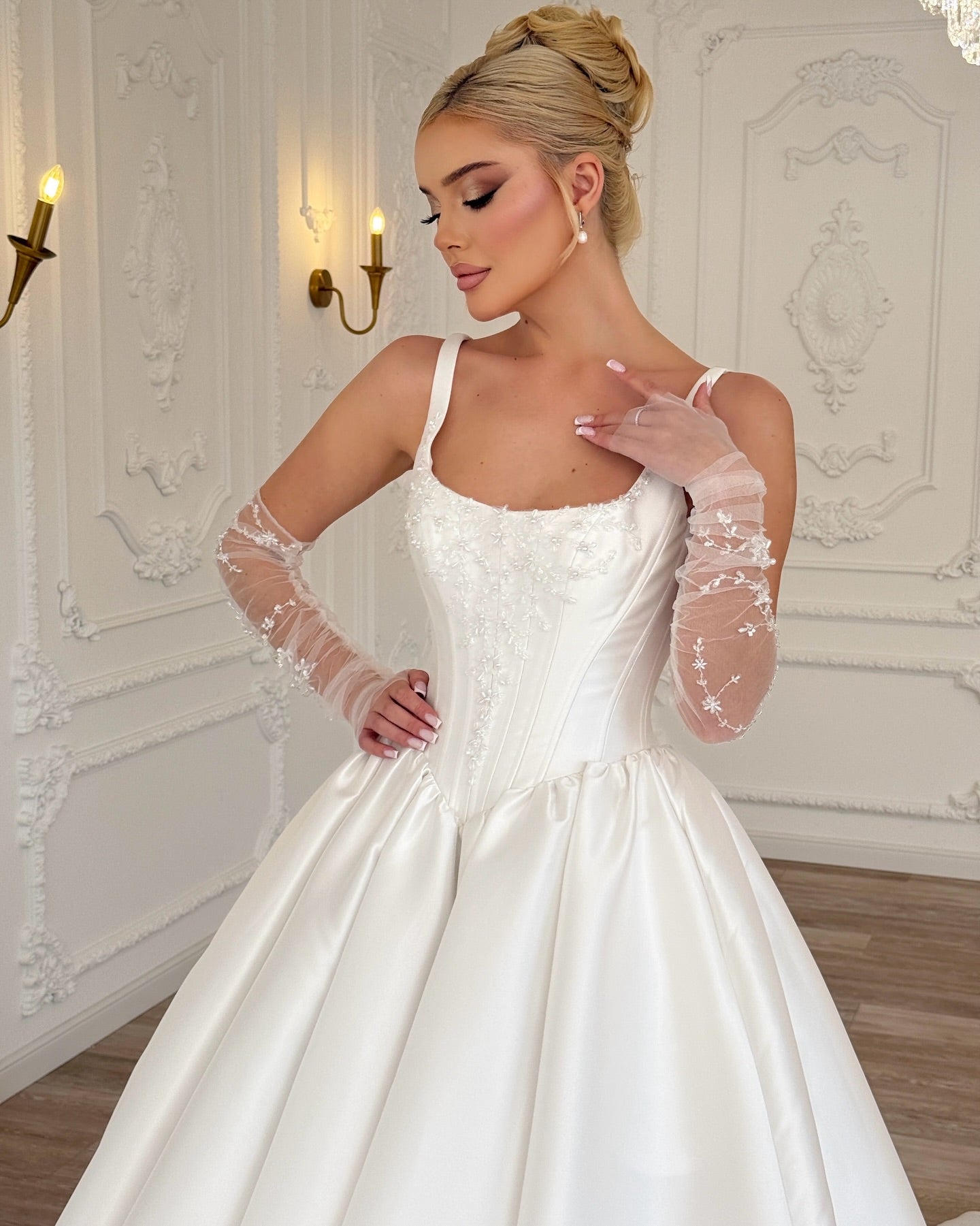 Spaghetti Strap Lace Long Sleeve A-Line Wedding Dress