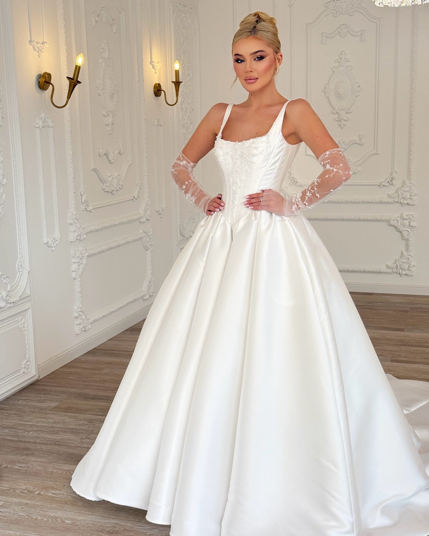 Spaghetti Strap Lace Long Sleeve A-Line Wedding Dress