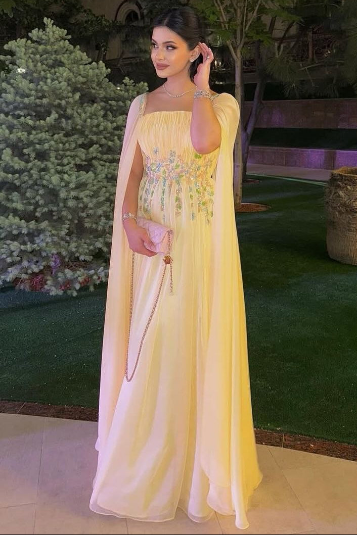 Yellow Square Neck Applique Sparkle A-Line Evening Dress