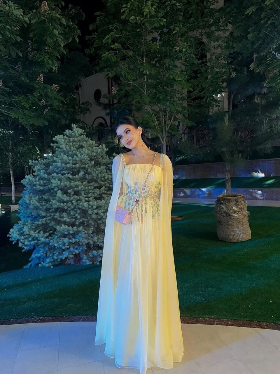 Yellow Square Neck Applique Sparkle A-Line Evening Dress