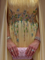 Yellow Square Neck Applique Sparkle A-Line Evening Dress