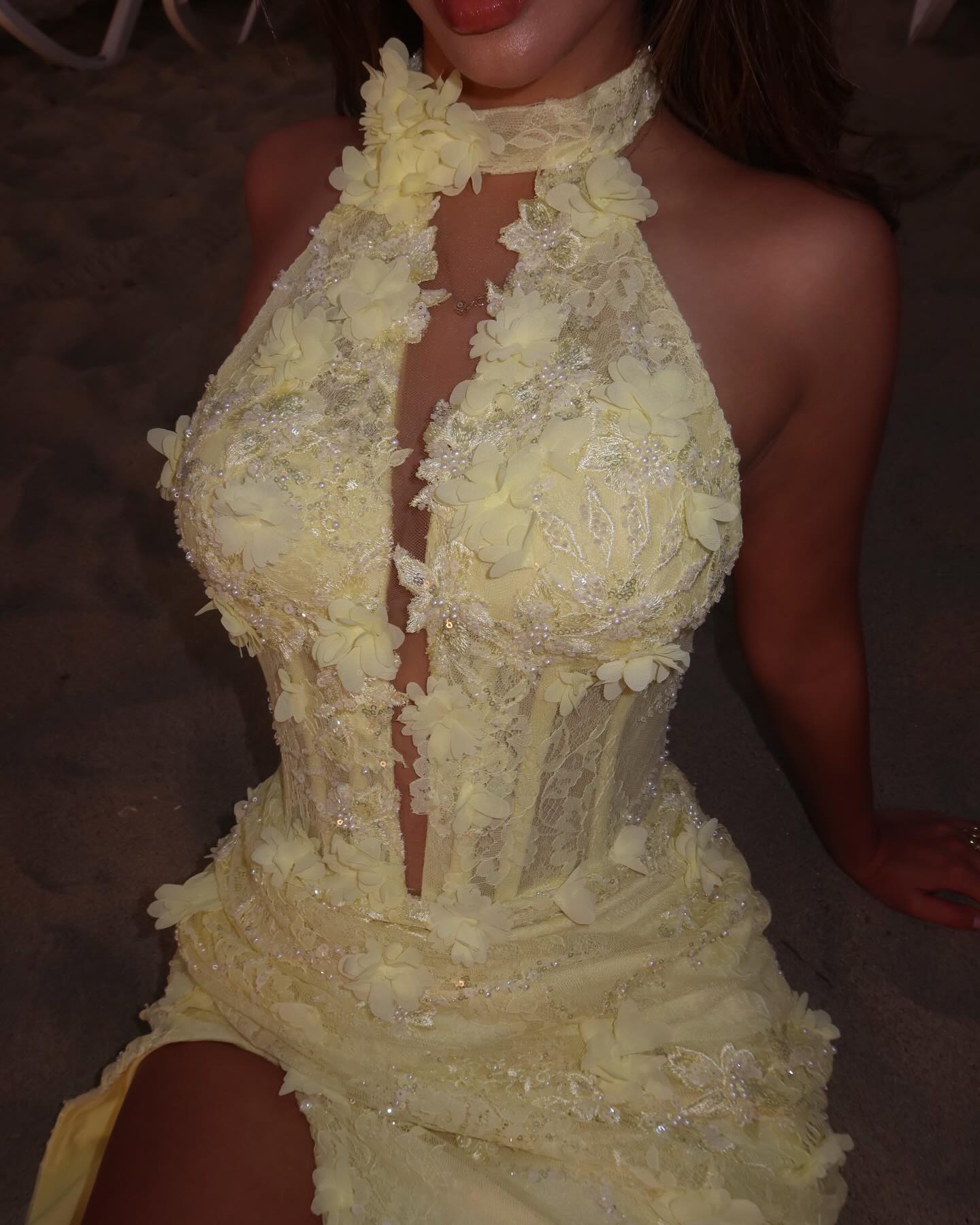 Fashion Halter Sleeveless Flowers Mermaid Side Slit Prom Dress