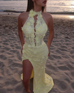Fashion Halter Sleeveless Flowers Mermaid Side Slit Prom Dress
