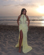 Fashion Halter Sleeveless Flowers Mermaid Side Slit Prom Dress