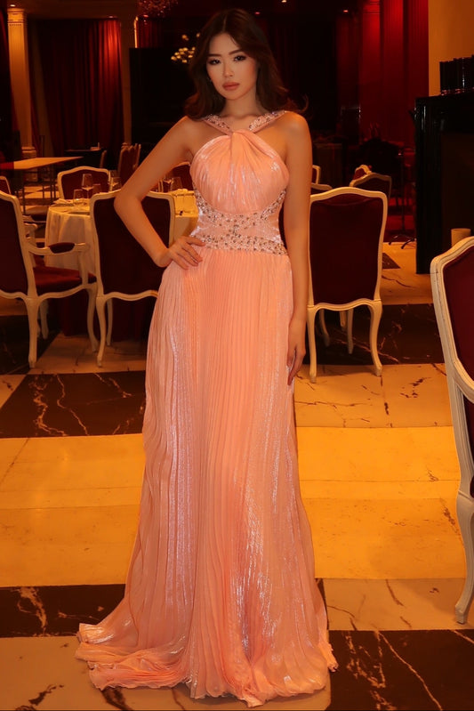 Fashion Beaded Sleeveless Backless A-Line Evening Dress