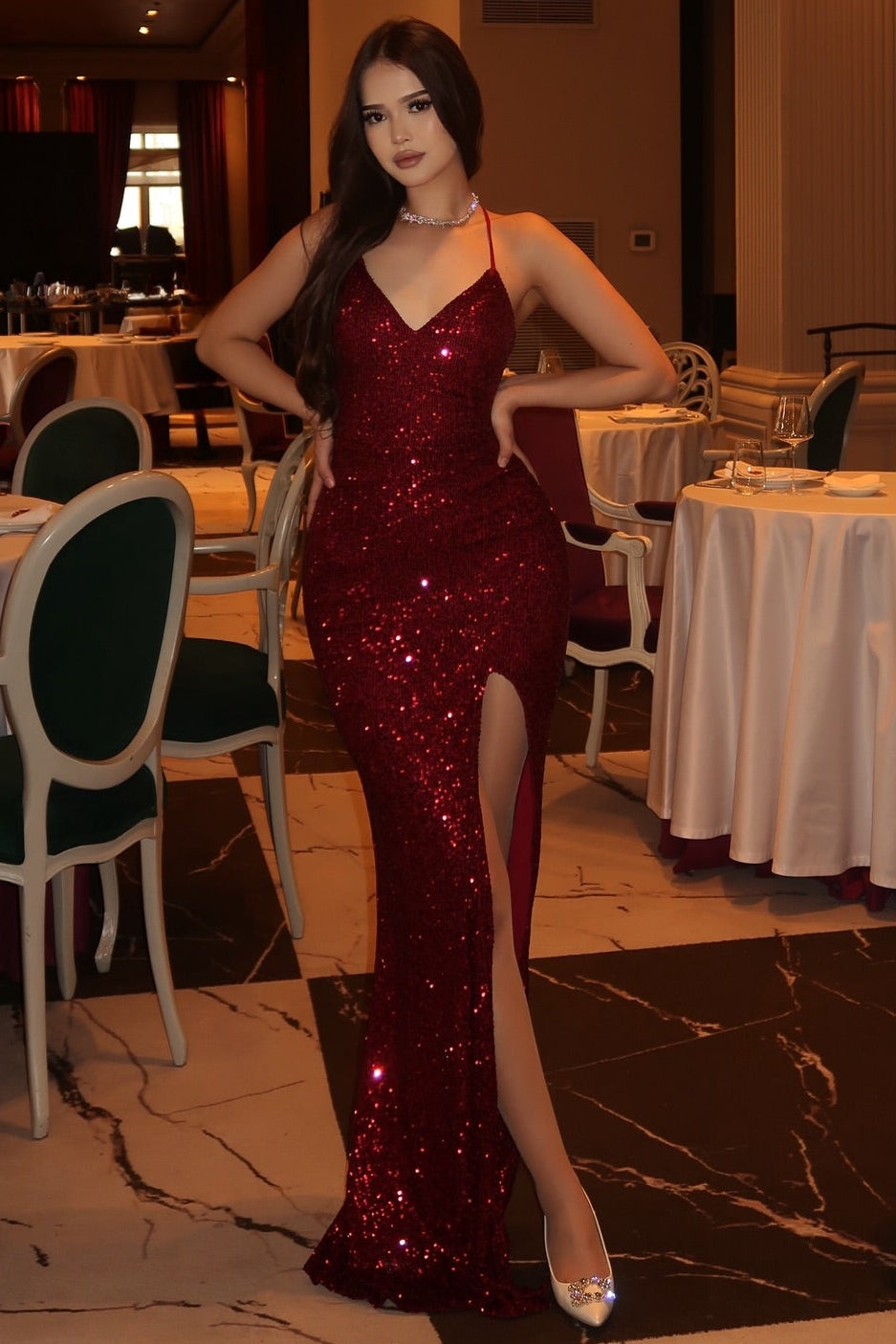 Spaghetti Straps Backless Sleeveless Sparkle Mermaid Side Slit Prom Dress