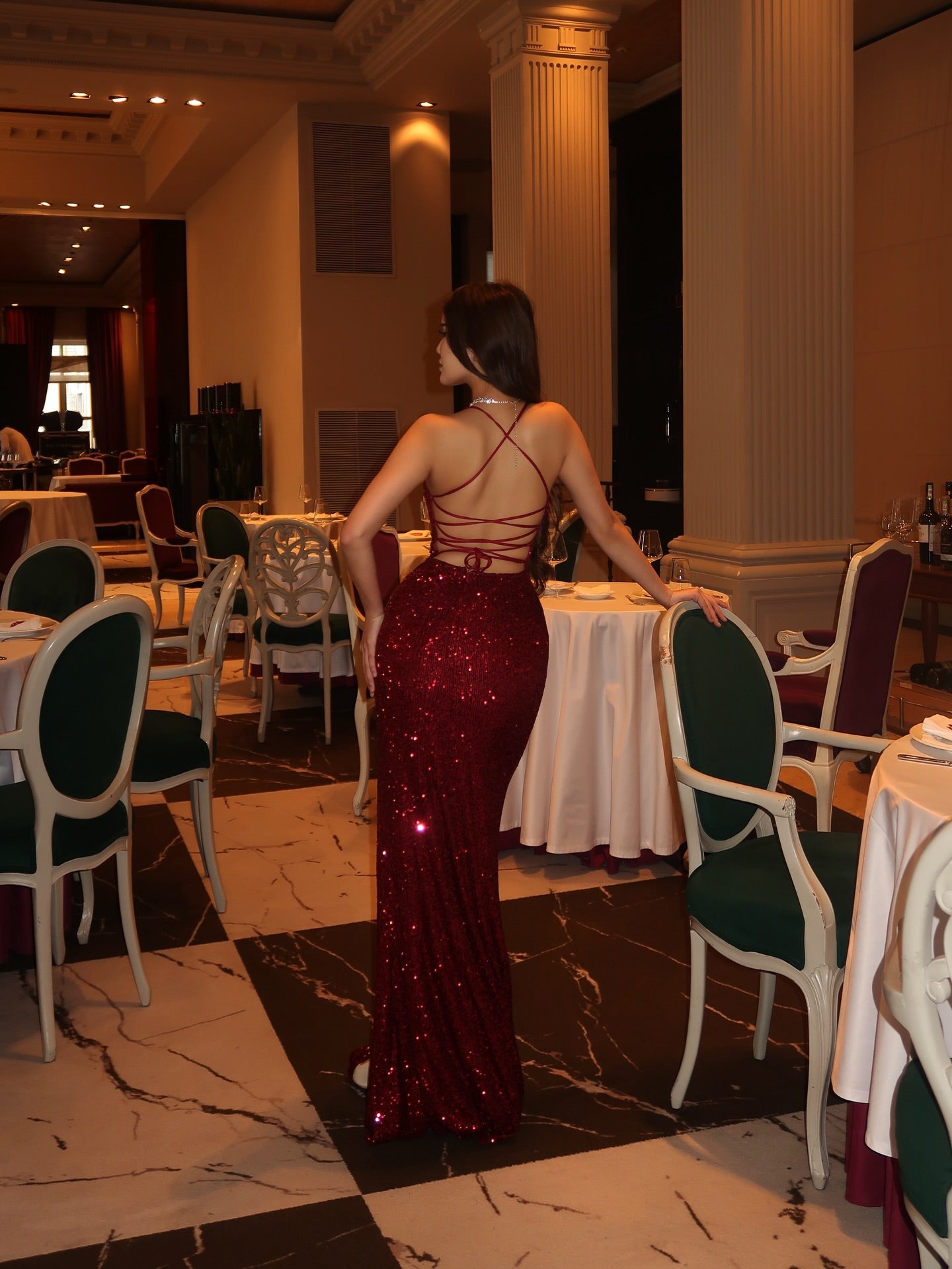 Spaghetti Straps Backless Sleeveless Sparkle Mermaid Side Slit Prom Dress