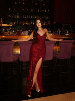 Spaghetti Straps Backless Sleeveless Sparkle Mermaid Side Slit Prom Dress