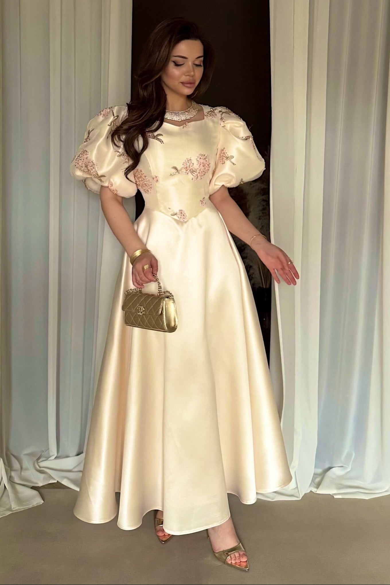 Half Sleeve Sequins Flowers A-Line Ankle-Length Formal Dress