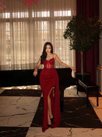Spaghetti Strap Sleeveless Sheer Mermaid Side Slit Evening Dress