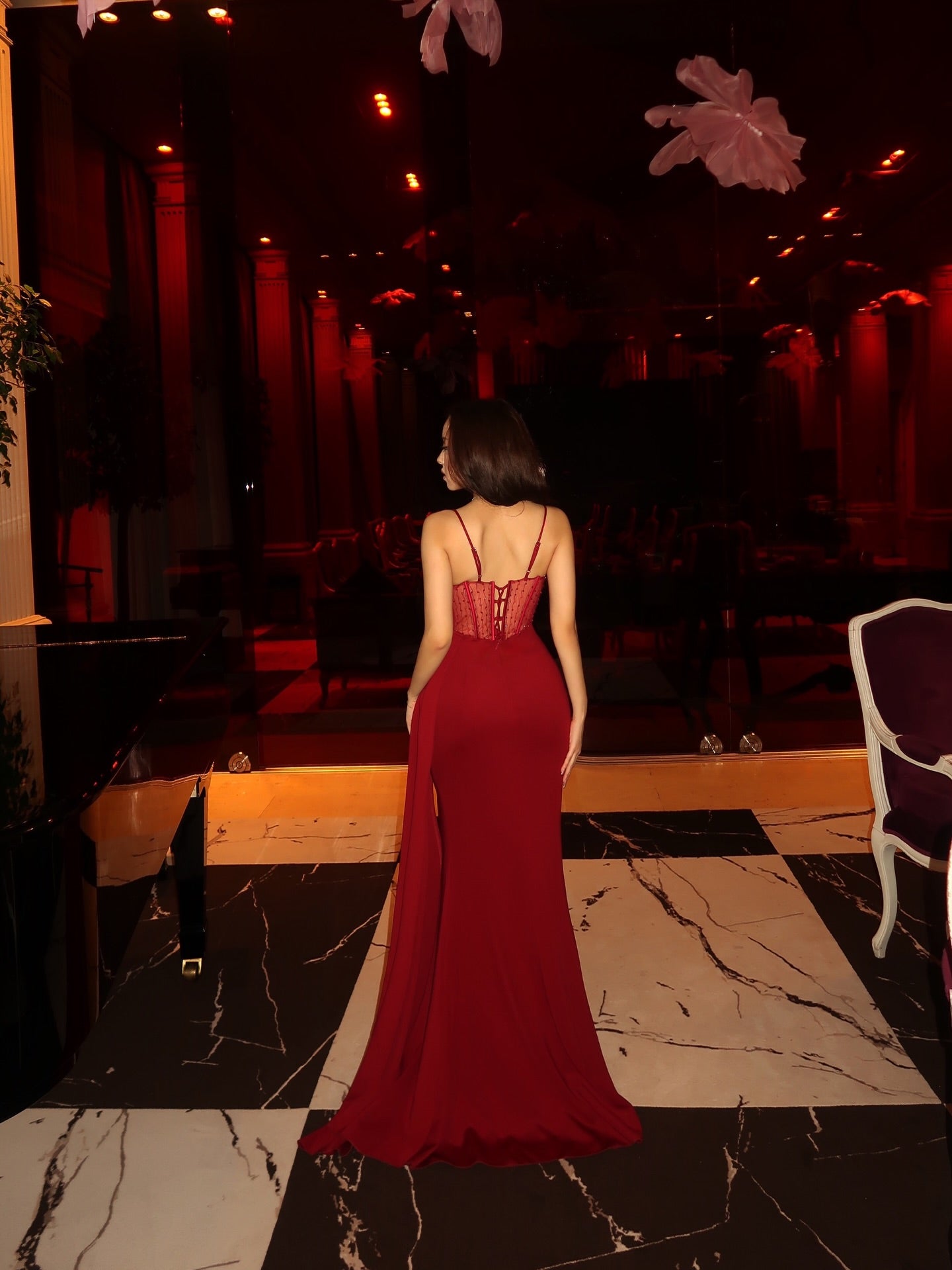 Spaghetti Strap Sleeveless Sheer Mermaid Side Slit Evening Dress