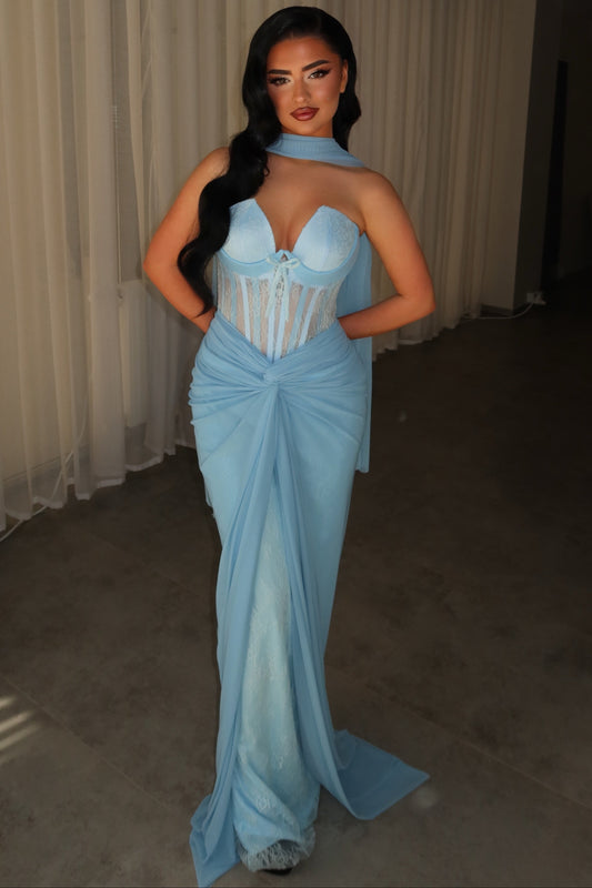 Blue Sweetheart Sheer Sleeveless Mermaid Floor-Length Evening Dress