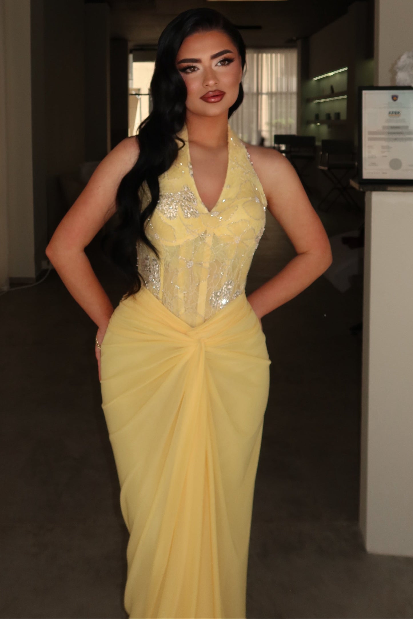 Sexy Yellow Halter Sleeveless Mermaid Sequins Prom Dress