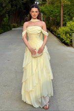 Off the Shoulder Yellow Sleeveless A-Line Tassel Prom Dress