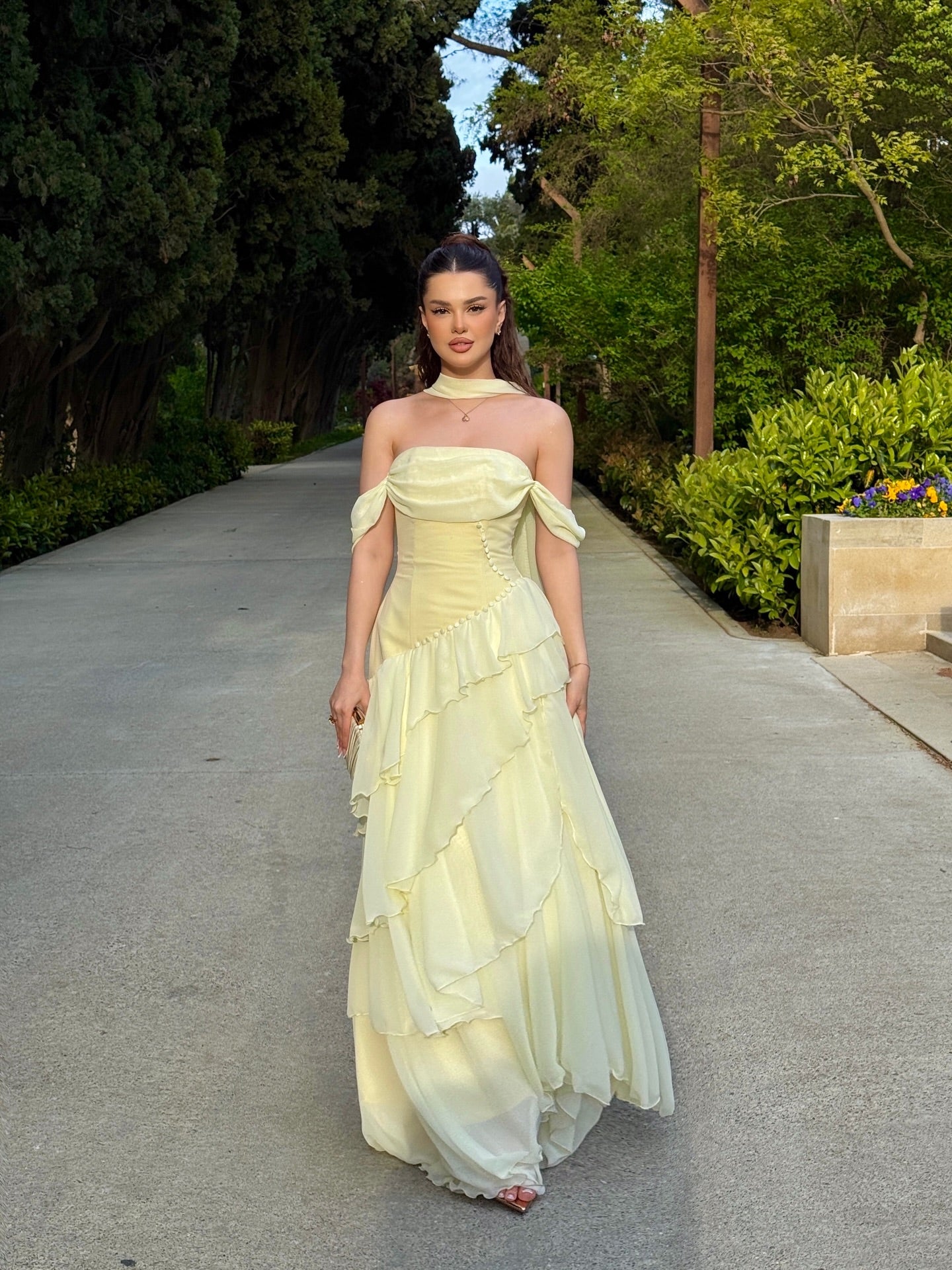 Off the Shoulder Yellow Sleeveless A-Line Tassel Prom Dress