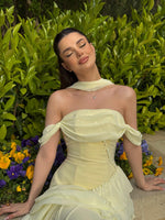Off the Shoulder Yellow Sleeveless A-Line Tassel Prom Dress
