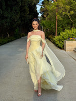 Off the Shoulder Yellow Sleeveless A-Line Tassel Prom Dress