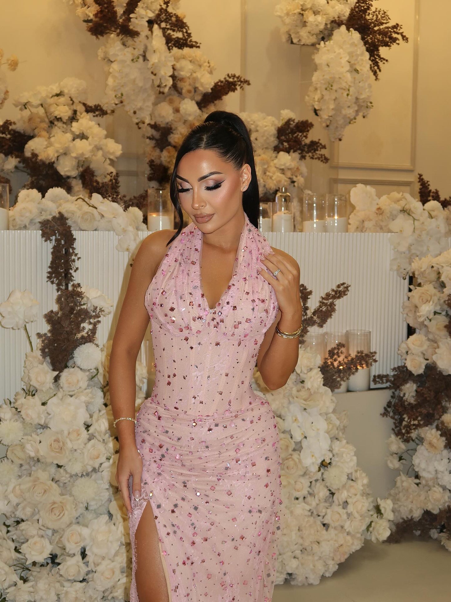 Fashion Sleeveless Halter Beaded Mermaid Side Slit Prom Dress