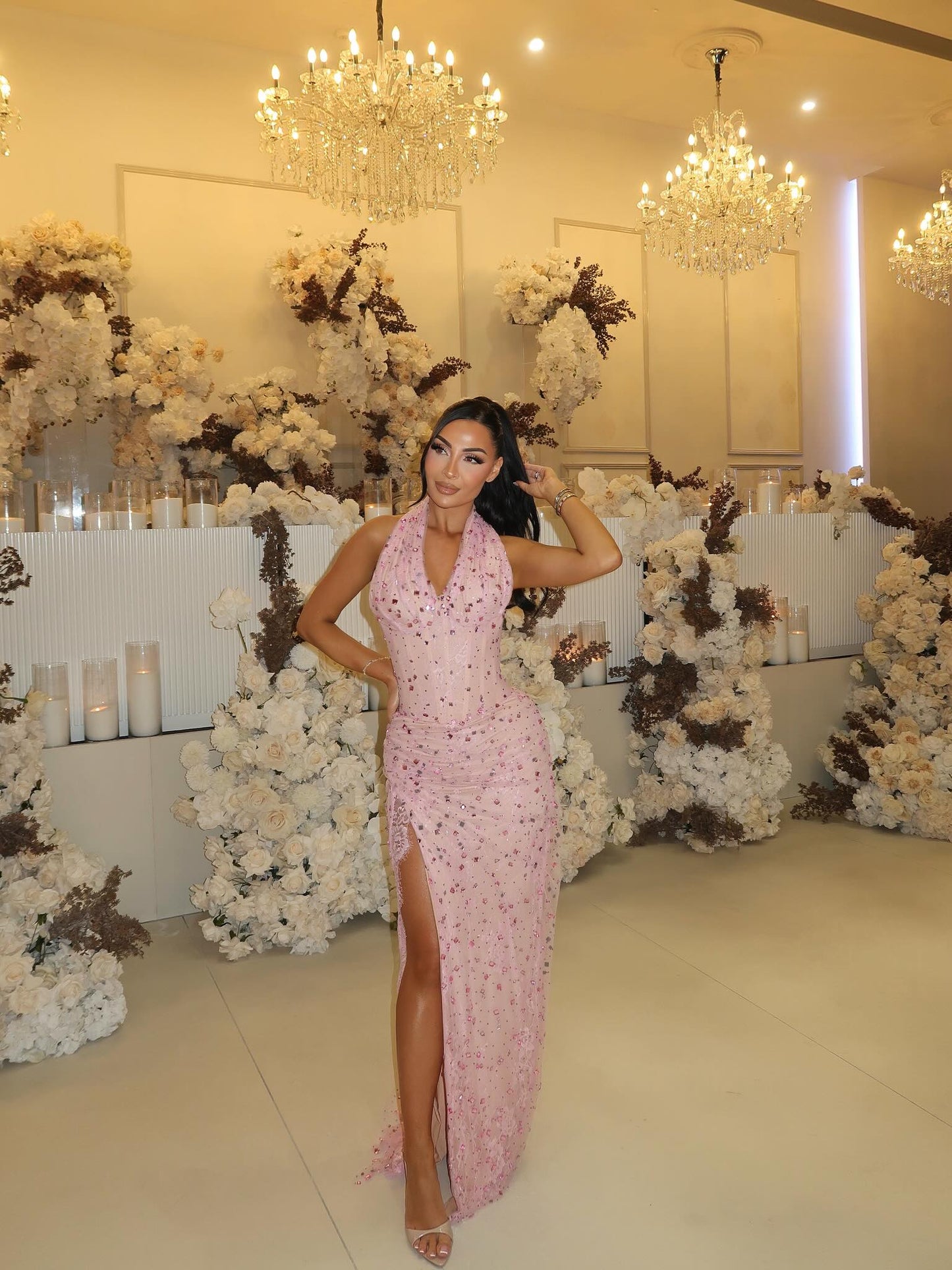 Fashion Sleeveless Halter Beaded Mermaid Side Slit Prom Dress