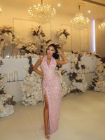 Fashion Sleeveless Halter Beaded Mermaid Side Slit Prom Dress